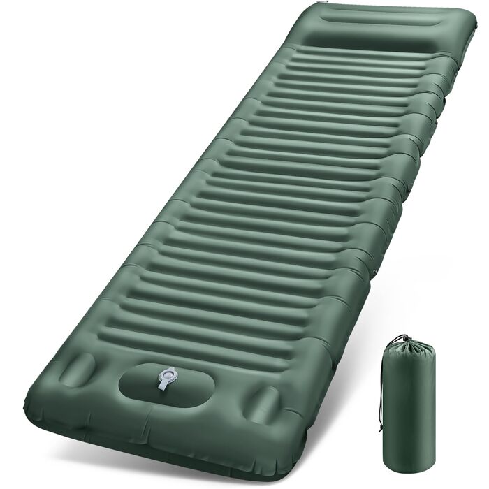 Килимок для сну в кемпінгу, надувний матрац товщиною 12 см, невеликий розмір упаковки з ножним насосом, надлегкий водонепроникний надувний матрац для використання на свіжому повітрі, килимок для сну з антиріпстопом для походів та пляжу, армійський зелений