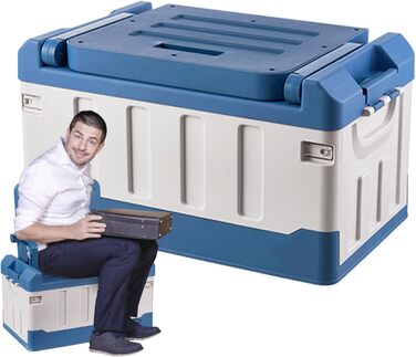 Ящик для рибальських снастей з аксесуарами, рибальське крісло, ящик для снастей, органайзер для зберігання на відкритому повітрі, портативний та складаний - 3-в-1 автомобільний рибальський ящик, велика місткість, двошарові аксесуари, синій та білий