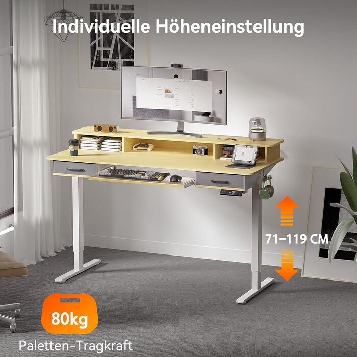 Електричний стіл з регульованою висотою та підставкою для клавіатури, 140x60 см, з 2 шухлядами, комп&39ютерний стіл з підставкою для монітора для домашнього офісу, дуб, 140 x 60 см з підставкою для клавіатури