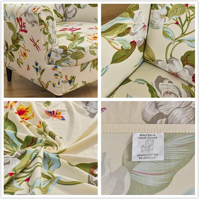 Чохол для крісла Highdi з 2 частин, чохли для крісел, чохли для крісел з крилами, еластичний чохол для крісла &quotТигр&quot з підлокітниками, висока спинка, універсальний (квітка та листя), зелена пружина