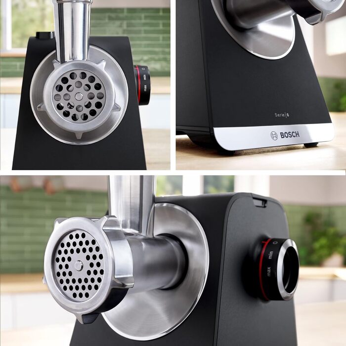 Електрична м'ясорубка Bosch MultiPower Serie 6 MFWS660B, 2100 Вт, нержавіюча сталь, 3 диски (3, 4.5, 8 мм), насадки для ковбас, кеббе та тертя, соковижималка, чорна