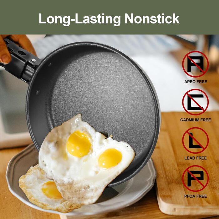 Набір посуду для кемпінгу Odoland з 5 предметів, легкий антипригарний горщик, сковорідка, чайник зі знімною ручкою - ідеально підходить для походів, кемпінгу, піших прогулянок та пікніків, антипригарний набір посуду для кемпінгу, зелений