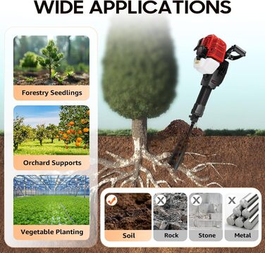 Екскаватор для копання садових дерев Портативний екскаватор для копання садових дерев, 2-тактний 1900 Вт ручний копач ям 1500р/хв для посадки дерев ковшовий шнек для саду, ферми, будинку, 52CC