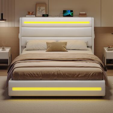 Ліжко 160x200 зі світлодіодним освітленням, Гідравлічне ліжко 160x200 см, М&39яке двоспальне ліжко, Каркас ліжка з місцем для зберігання та рейковою основою, Спальня, ПУ білий 160 x 200 Білий