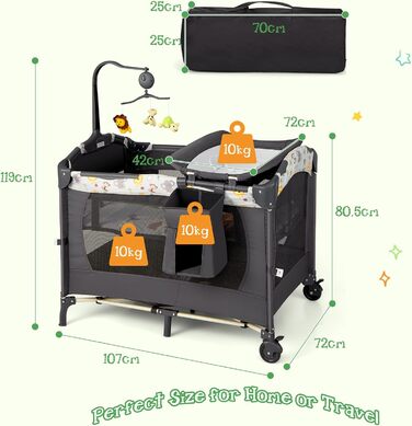 Складане дитяче ліжечко LIFEZEAL 4-в-1, приліжкове ліжечко 107 x 72 см з U-подібним тримачем для підгузків, регульоване по висоті дитяче дорожнє ліжечко, дитячий центр з музичним мобільним телефоном, дитяче дорожнє ліжечко з пеленальний килимок (сірий)