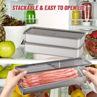 Набір із 2 коробок для зберігання делікатесів, коробки для делікатесів з нержавіючої сталі 26,5*5*10 см для холодильника з кришками, контейнери для зберігання продуктів, що штабелюються, коробки для зберігання бекону, м&39яса, овочів у холодильнику 01