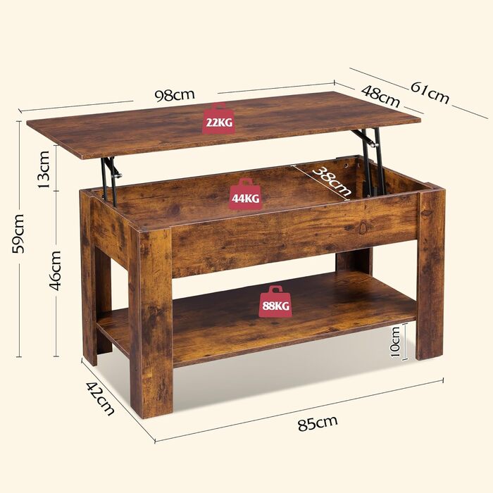Журнальний столик WLIVE з регульованою висотою та полицею, прямокутний стіл для вітальні з відкритим та прихованим місцем для зберігання, журнальний столик для вітальні, спальні (індустріальний, рустикальний коричневий) Рустикальний коричневий індустріаль