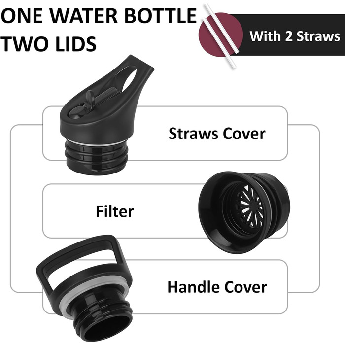 Пляшка для води з нержавіючої сталі, термос 750 мл, без BPA, ізольована пляшка з трубочкою, двостінна ізольована пляшка, герметична спортивна пляшка для води, для походів, фітнесу, йоги, кемпінгу, Rojo-negro 750 мл