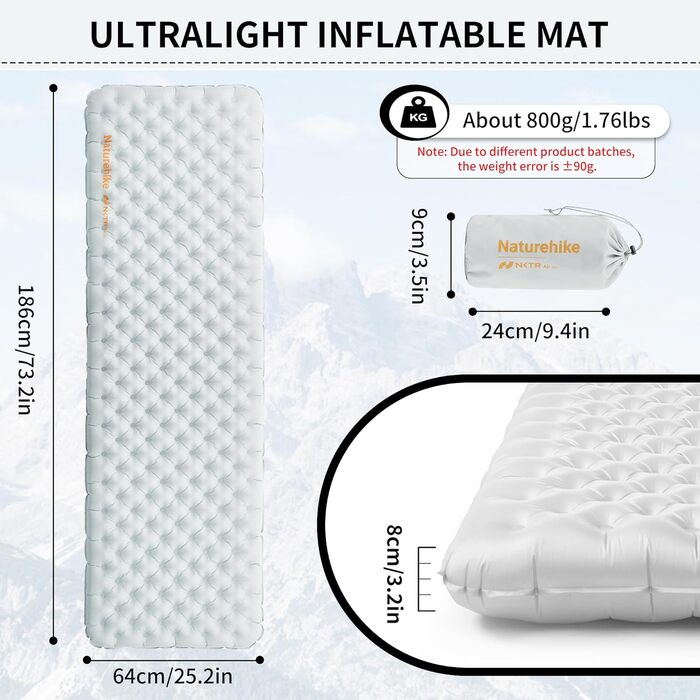 Килимок для кемпінгу, ультралегкий, 4 сезони (5), надувний матрац, міцний, високий коефіцієнт теплоізоляції, висока ізоляція, для зими, сірий - без надувного мішка, 3.2R -