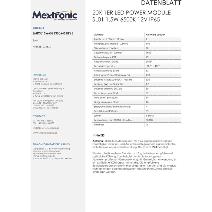 Набір світлодіодних модулів Mextronic 20 шт. 1er світлодіодний модуль живлення SL01 1,5 Вт 6500K 12 В IP65