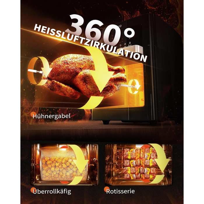 Аерофритюрниця XXL - Мультипіч ZACHVO 15L - 10 програм 1700 Вт з сенсорним LCD екраном - Фритюрниця Фритюрниця Смаження без олії, 7 аксесуарів, на 90 менше жиру - Дегідратор гриля в духовці в чорному Аерофритюрниця