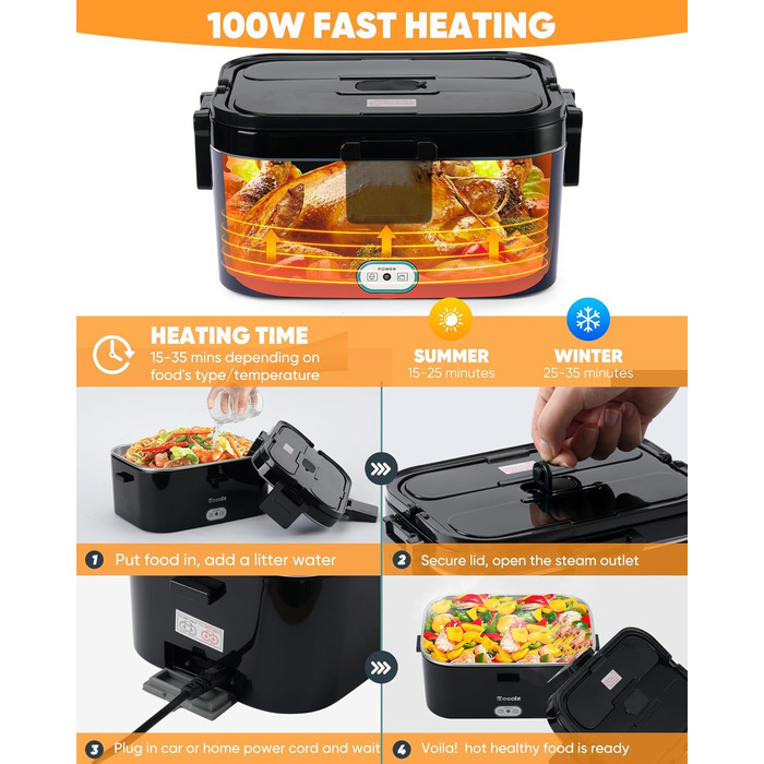 Електричний підігрівач їжі для ланчбоксу Eocolz 100 Вт, підігрівач їжі з подвійним контейнером 1,8 л, портативний підігрітий ланчбокс для автомобіля, вантажівки, роботи, виделка та ложка з нержавіючої сталі 12/24/110 В для дорослих, чорний - 1,8 л