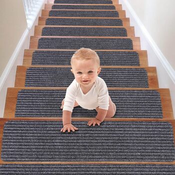 Сходинки, 15 шт. , протиковзкі килимки для сходів, самоклеючі килимки для сходів 76x20 см, для використання всередині приміщень, килимок для сходів, килимок для дітей, для літніх тварин (подвійні смужки), сірі подвійні смужки