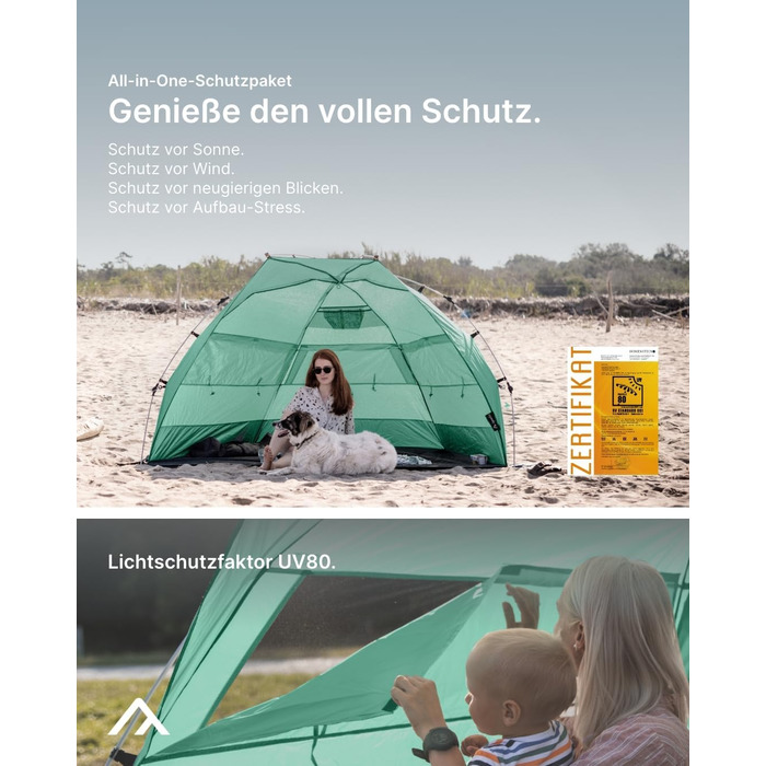 Великий пляжний навіс із захистом від ультрафіолету (UV80) для 3 осіб, включаючи піщані кілочки та сумку для переміщення. Захист від сонця для сімей, дітей, немовлят або собак - Bahamamint