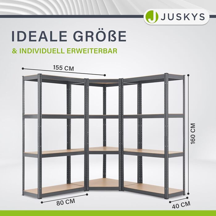 Секційна металева стелажна система Juskys Easy - 1 кутова полиця та 2 полиці для зберігання - 12 полиць з МДФ - 960 кг - надміцний стелаж, без болтів, сірий, 3-
