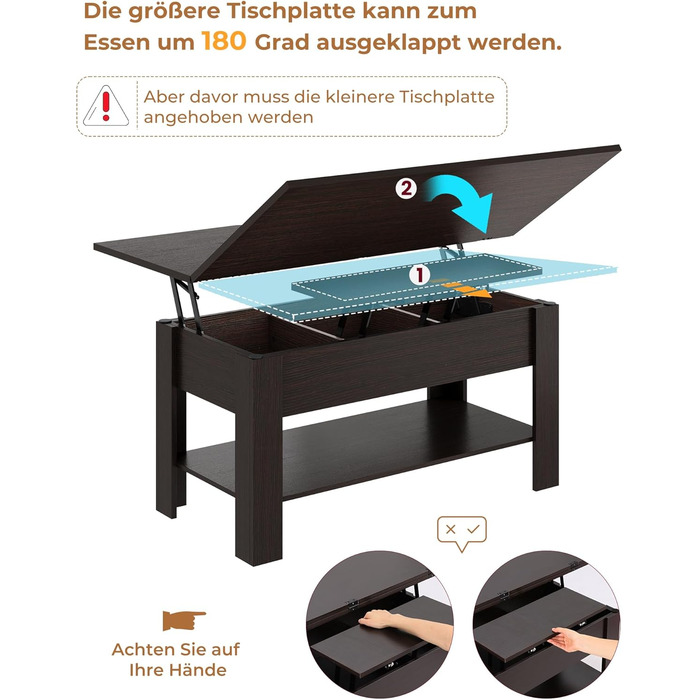 Журнальний столик з регульованою висотою, багатофункціональний стіл для вітальні 3-в-1, журнальний столик, приховане місце для зберігання, відкрите відділення, можна використовувати як обідній стіл, для вітальні, офісу, чорно-коричневий