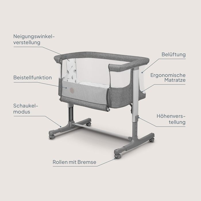 Дитяче ліжечко Lionelo Aurora 3-в-1 (до 9 кг), приліжкове ліжечко, колиска, регулювання висоти та нахилу матраца, 4 колеса з гальмами, ергономічний матрац, сумка для зберігання, сірий колір, великий розмір
