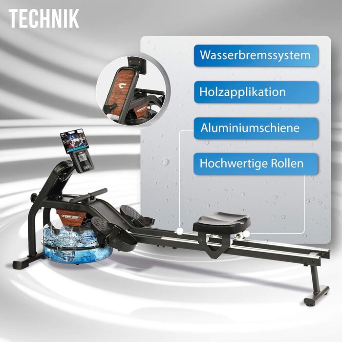 Гребний тренажер Christopeit для домашнього використання водний гребний тренажер WP 2000 або Garda алюмінієва рейка Bluetooth до 120 кг Garda, включаючи захисний килимок для підлоги