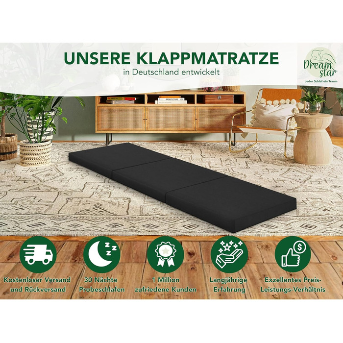 Матрац DREAMSTAR Easy Night Folding 3-секційний складний гостьовий матрац Можна прати Ортопедичні подушки Сертифіковано Oeko-TEX 60 x 190 см