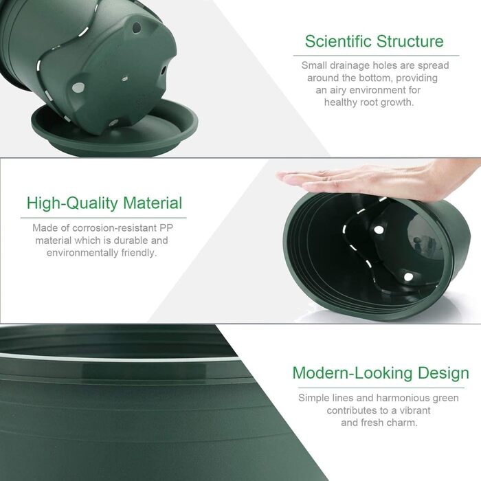 Набір із 6 пластикових горщиків для рослин KAHEIGN, квіткові горщики 22 см з блюдцями, пластикові горщики для розсади, горщики для трав, декоративні для використання в приміщенні та на вулиці (зелені)
