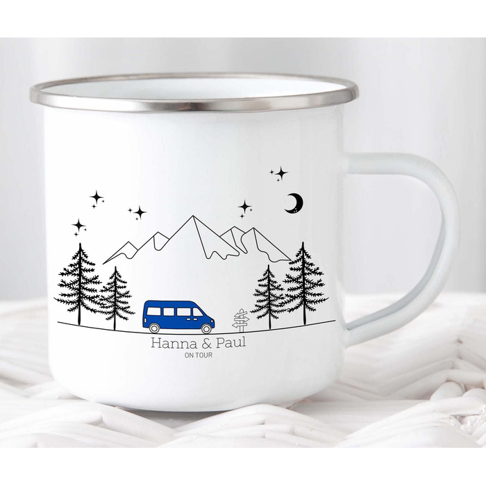 Емальована кружка Маленька Матильда, барвиста персоналізована кемпінгова кружка з іменем для кемпінгу, кавова кружка, аксесуар для каравану, кружка з нержавіючої сталі, подарунок для кемперів (синій колір)