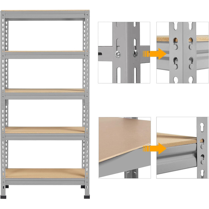 Кутовий стелаж Yaheetech з 5 полицями, металеві стелажі для зберігання, надміцний стелаж, вантажопідйомність 750 кг, підвальний стелаж, безболтовий стелаж, система стелажів, 70 x 30 x 150 см/світло-сірий