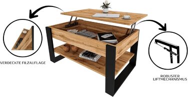 Журнальний столик з підйомною стільницею Стіл для вітальні з регульованою висотою та місцем для зберігання Сучасний чорний дубовий диванний столик Wotan з полицею та прихованим відділенням Журнальний столик для вітальні та офісу, чорний