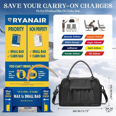 Мала дорожня сумка, 40x20x25 см, Ручна поклажа Ryanair для літаків, Спортивна сумка на вихідні, Жіноча водонепроникна дорожня сумка, Сумка для підгузків, Сумка для клініки, Сумка для пологів, Лікарняна сумка з відділенням для взуття, B-Black B01-black Rya