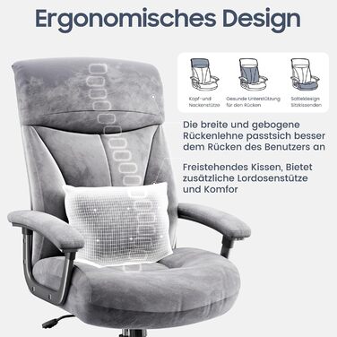 Ергономічне офісне крісло, вантажопідйомність 200 кг, крісло керівника, письмове крісло, м&39яке та зручне широке сидіння XXL, потовщена підкладка, регульована висота, з поперековою опорою, для високих людей, вельветова тканина, сіра вельветова тканина