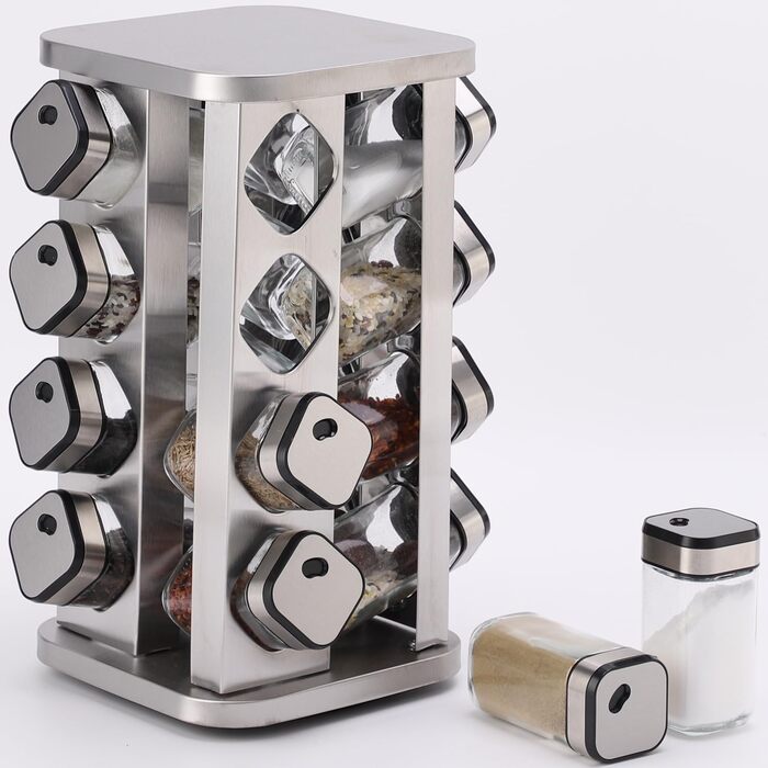 Стійка для спецій PTUWODS з 16 квадратними банками для спецій, карусель для спецій з нержавіючої сталі, що обертається на 360, органайзер для спецій, контейнери для спецій зі вставкою-шейкером, 16 банок