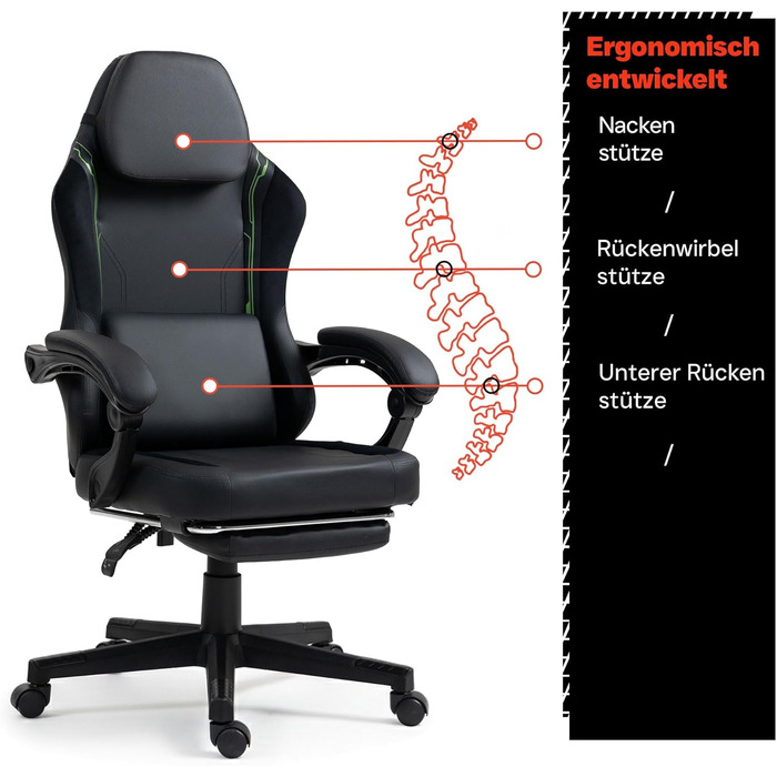 Чорно-зелене ігрове крісло - з підставкою для ніг - ергономічне - з регульованою висотою