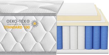 Матрац 90x200 7-зонний пружинний матрац Матрац з пружинами кишенькової форми, висота 22 см Ортопедичний матрац, середньої жорсткості (H3) Матрац, сертифікований Oeko-Tex (90x200 см)