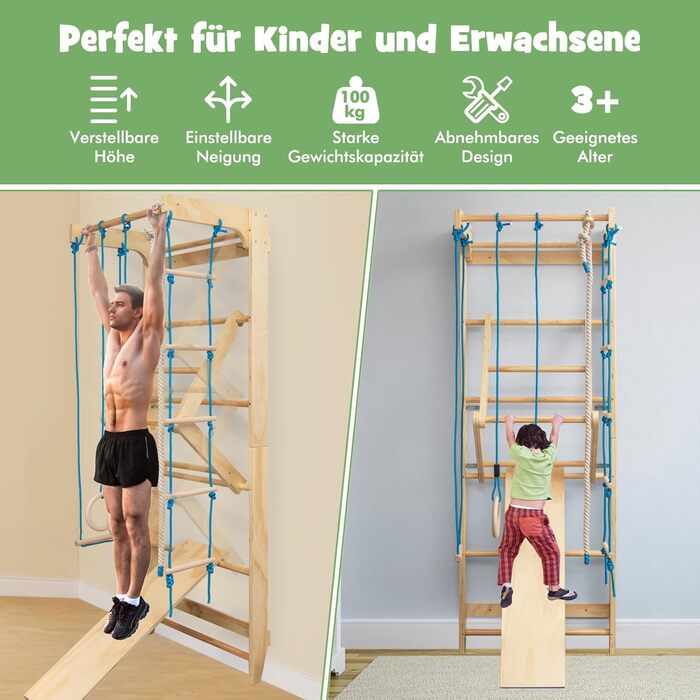 Скалодром COSTWAY, для дітей та дорослих, дерев&39яна гімнастична стінка, лазілка для приміщень, вкл. турнік/кільця/трапецію/мотузкові сходи/канат, вантажопідйомність до 100 кг, 220 x 80 x 60 см