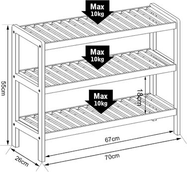 Полиця для взуття dibea з 3 полицями, бамбукова шафа для взуття, окремостояча полиця, кухонна полиця, полиця для вітальні, 70x26x55 см, натуральний колір, натуральний, 70x26x55 (3 полиці)