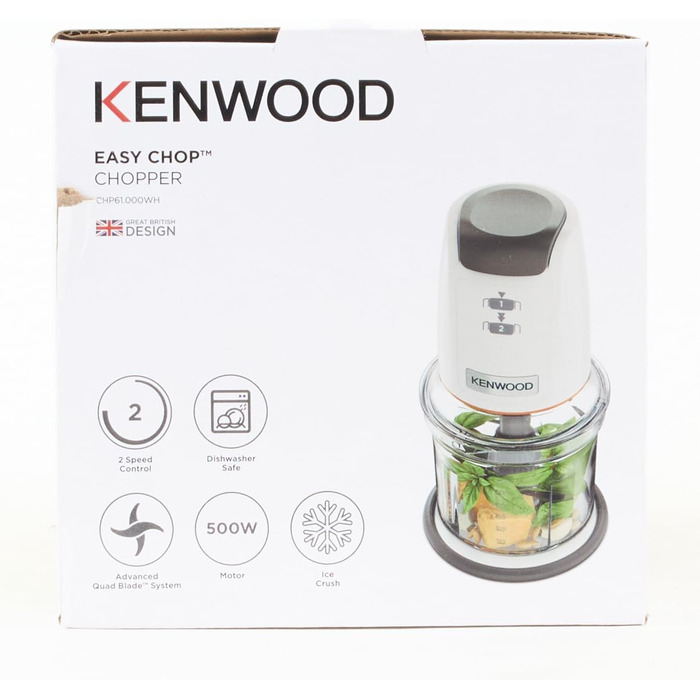 Подрібнювач з чотирма лезами, чаша 0,5 л, привід під тиском, 2 швидкості, нековзне кільце, можна мити в посудомийній машині, криголам, 500 Вт, білий, 61.000WH