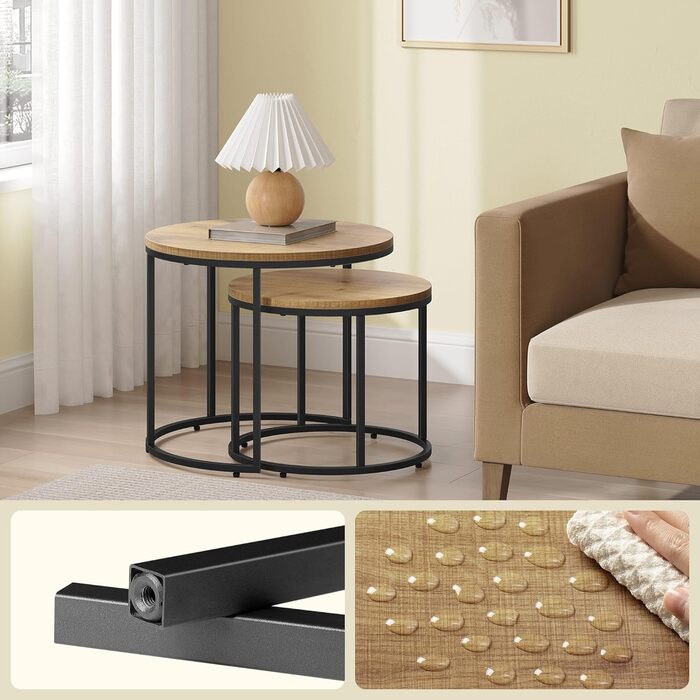 Набір журнальних столиків Home Collective із 2 шт. , круглі приставні столики, дизайн лофт, вбудований дизайн 2-в-1, стійка до подряпин поверхня, вітальня ширина 53 см та 43 см, дуб із чорними ніжками, дуб/чорний, круглий