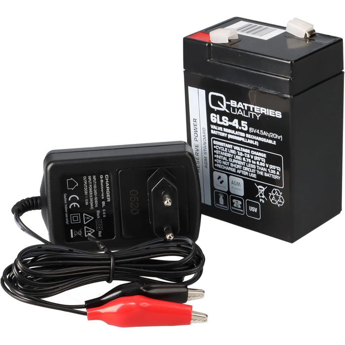 Комплект - свинцево-кислотний акумулятор та зарядний пристрій - зарядний пристрій Q-Batteries 6V 4.5Ah 0.6A