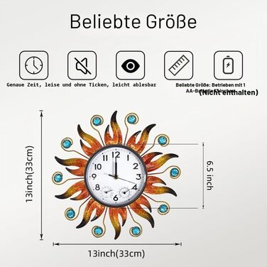 Вуличний годинник Sun з термометром та гігрометром, безшумний кварцовий настінний годинник, водонепроникний, для тераси, вітальні, кухні та саду, 13 дюймів, помаранчеве сонце