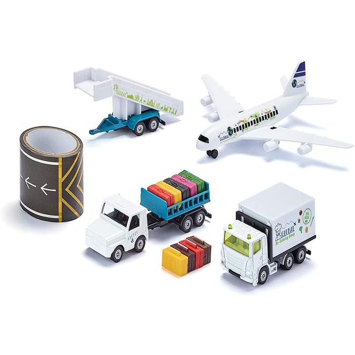 Набір для аеропорту, Метал/Пластик, Білий, Включає авіалайнер, кейтерінговий автомобіль, причіп з пасажирськими сходами, тягач для аеропорту, багажний причіп та 5-метрову стрічку для злітно-посадкової смуги, 6312