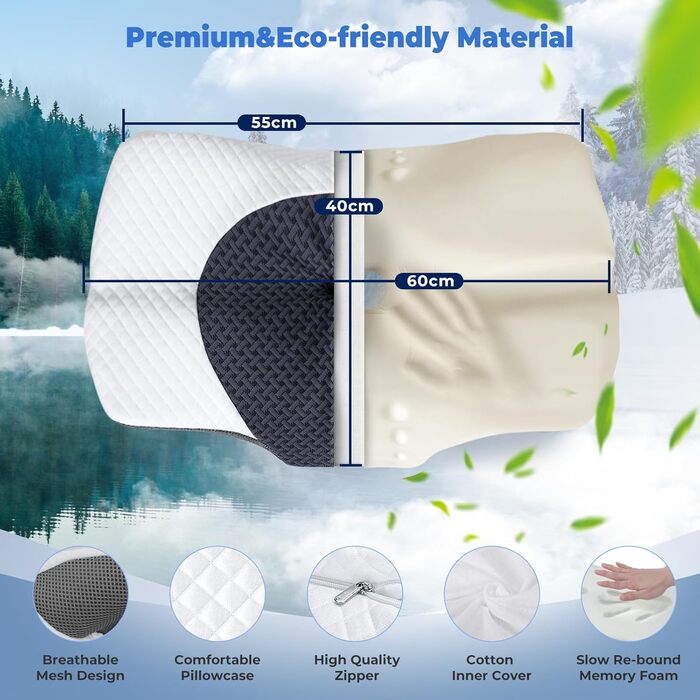 Ергономічна подушка для шиї SAHEYER, ортопедична подушка для підтримки шиї 60 x 40 x 13/11 см, подушка з піни з ефектом пам&39яті для сну на боці, спині та животі, сіра