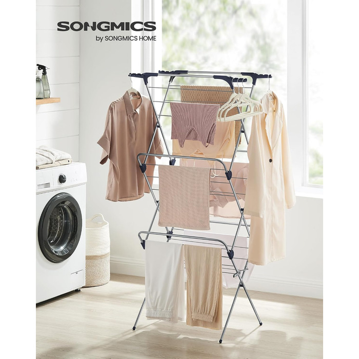 Сушарка для білизни SONGMICS, складана та компактна, сталева рама, 42 x 62,5 x 150 см, довжина стійок 15 м, для приміщень та вулиці, 3 яруси, сіро-блакитна LLR715G01