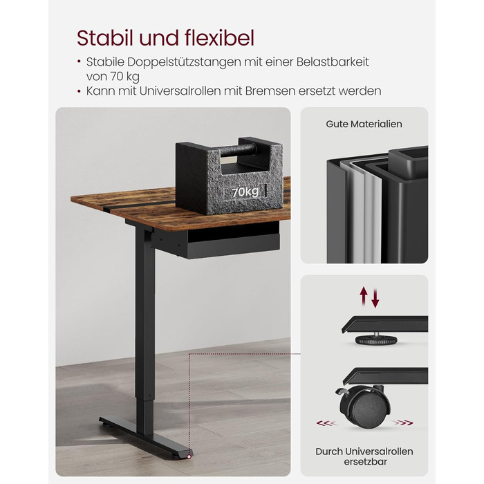 Електричний стіл VASAGLE з регульованою висотою, розеткою та шухлядою, 60 x 140 см, плавне регулювання висоти, функція пам&39яті з 4 висотами, вінтажний коричнево-чорний LSD114X01 140 x 60 см, вінтажний коричневий чорний