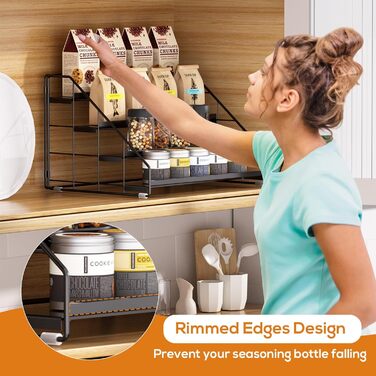 Рівнева підставка для спецій, не потребує свердління, регульована підставка для спецій, сходи для спецій, шафа для спецій, зберігання спецій для кухні, стільниці, комори (чорна, 2 шт.) XXL, 4-