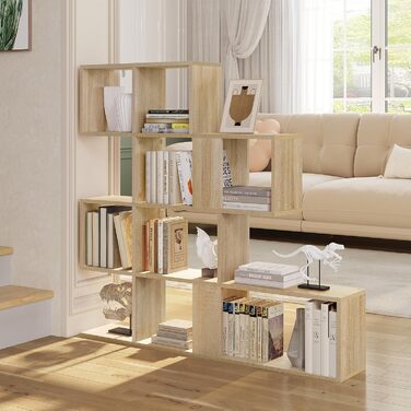 Рівнева книжкова полиця, полиця-перегородка кімнати з 11 відкритими відділеннями, окремостояча полиця для сходів, полиця-ступінь, для вітальні, спальні, офісу, 115x109,5x19,5 см, світлий дуб, 4-