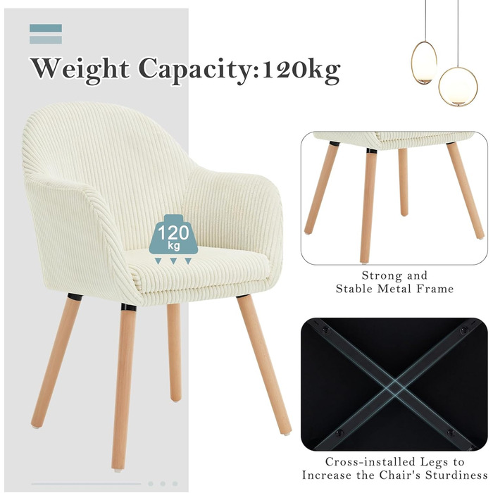 Обідні стільці WOLTU, комплект з , для спальні, кухні, вітальні, м&39які кухонні стільці, сучасні, з підлокітниками, ніжки з масиву дерева, вельветове сидіння, кремово-білий колір, комплект з