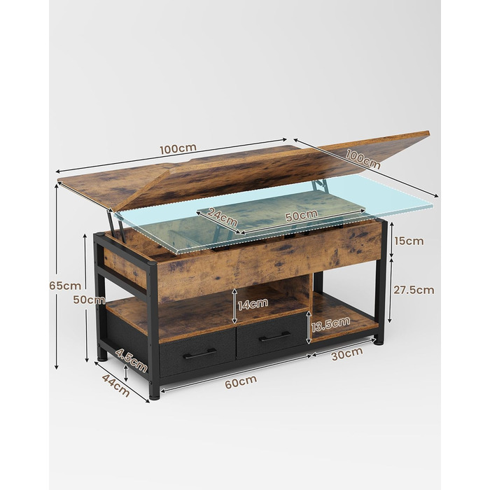 Журнальний столик з регульованою висотою, багатофункціональний стіл для вітальні 3-в-1, журнальний столик з 2 шухлядами, приховане місце для зберігання речей, відкрите відділення, можна використовувати як обідній стіл, для вітальні, офісу, коричневий