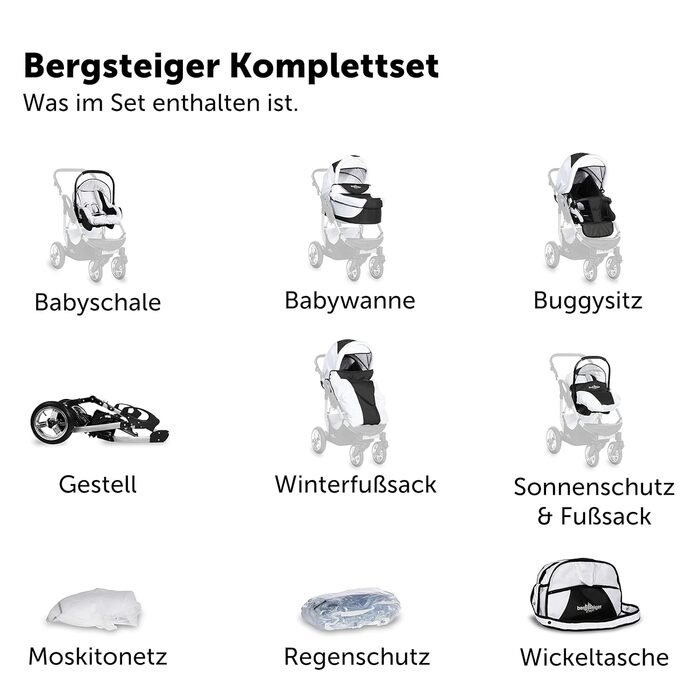 Коляска Bergsteiger Capri 3в1 коляска в комплекті з аксесуарами - дитяче автокрісло, кріплення для коляски, захист від сонця та по