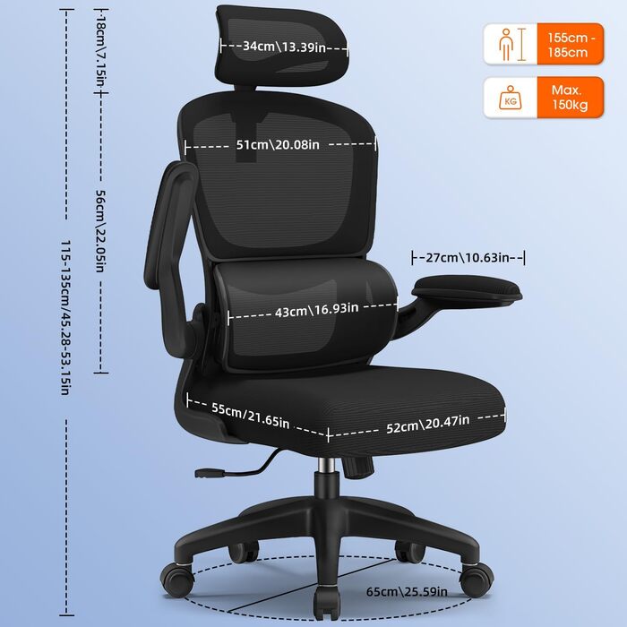 Офісне крісло, ергономічне офісне крісло з регульованим підголівником, поперековою опорою та відкидними підлокітниками, крісло для керівника 150 кг, ергономічне крісло з функцією гойдання до 135, чорне, модель 2