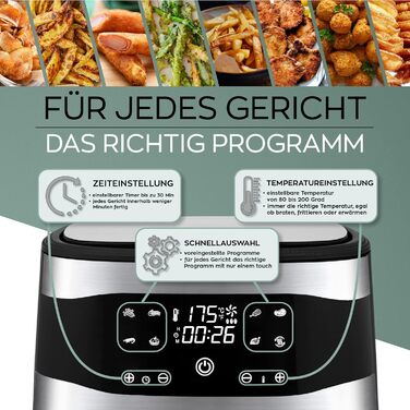 Фритюрниця HEINRICHS з нержавіючої сталі з цифровим світлодіодним дисплеєм РК-дисплей сенсорний, 8 програм 1800 Вт для фритюрниці без олії Фритюрниця Функція таймера фритюрниці, Heinrich (8 л XXL)