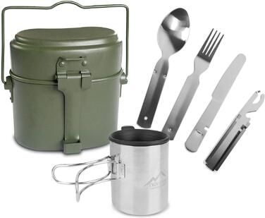 Похідний набір посуду у військовому стилі каструля Бундесверу, 5-предметний столовий набір та чашка з відкидною ручкою та кришкою. Іржавісткий, термостійкий, колір оливковий.